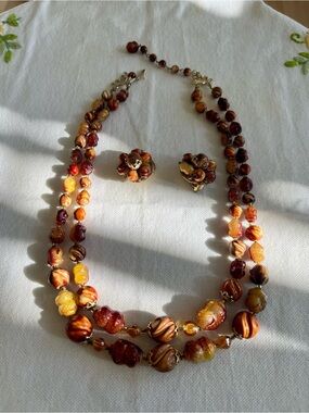 Vintage Hong Kong MCM Beaded Necklace & Earrings Set